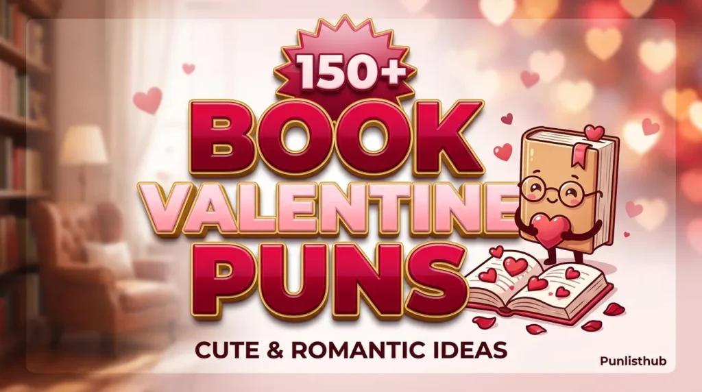 Featured image showing bold 3D text reading 'Book Valentine Puns' next to a cute cartoon book holding a heart.