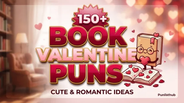 Featured image showing bold 3D text reading 'Book Valentine Puns' next to a cute cartoon book holding a heart.