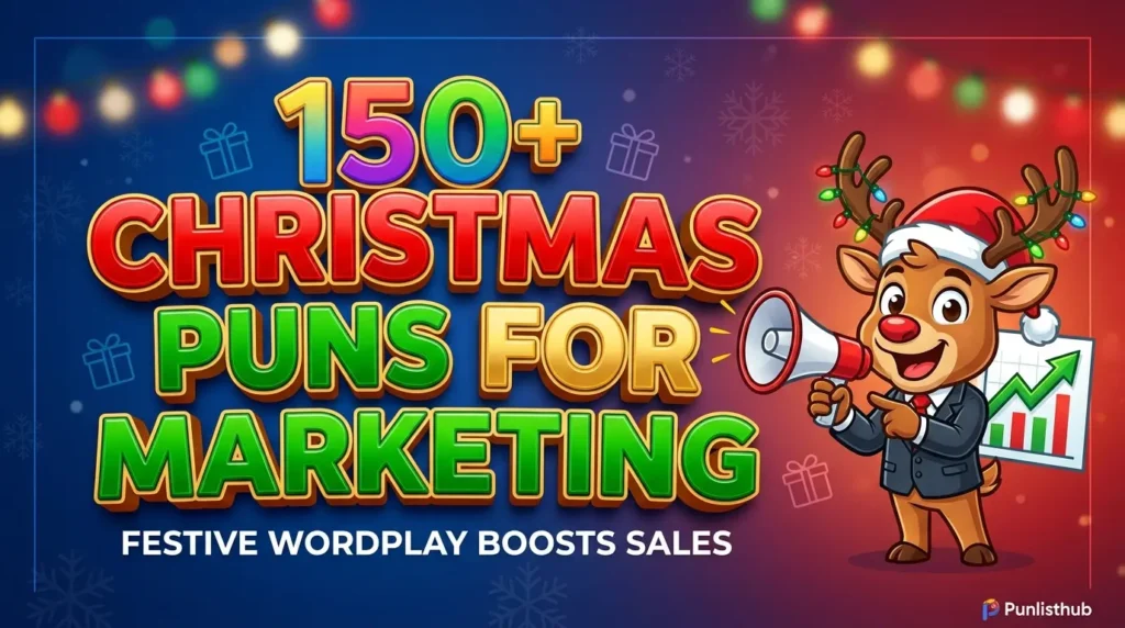 Featured image with bold 3D text reading 'Christmas Puns for Marketing' alongside a cheerful cartoon reindeer in a suit holding a megaphone and a sales growth chart.