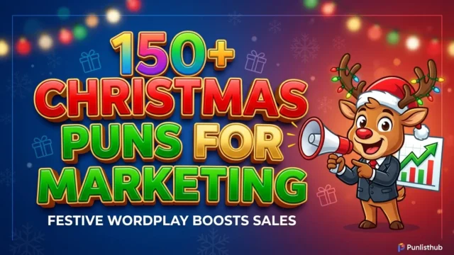 Featured image with bold 3D text reading 'Christmas Puns for Marketing' alongside a cheerful cartoon reindeer in a suit holding a megaphone and a sales growth chart.