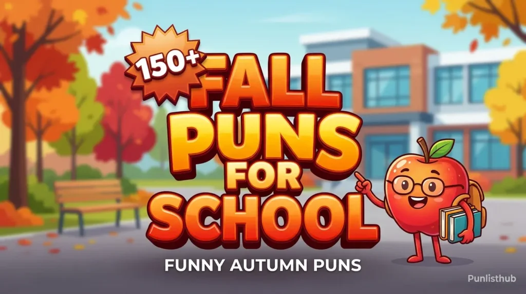 Featured image with large 3D text reading 'Fall Puns for School' alongside a smiling apple mascot holding books.