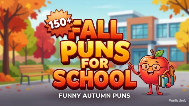 Featured image with large 3D text reading 'Fall Puns for School' alongside a smiling apple mascot holding books.