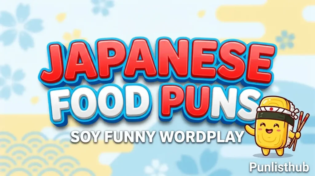 featured image for Punlisthub with bold 3D text "JAPANESE FOOD PUNS," a "Soy Funny Wordplay" tagline, and a cute tamago sushi mascot.