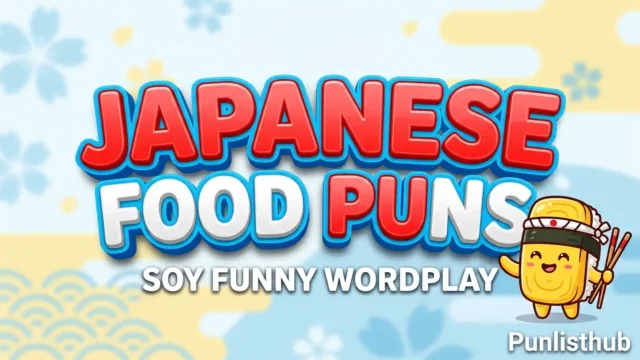 featured image for Punlisthub with bold 3D text "JAPANESE FOOD PUNS," a "Soy Funny Wordplay" tagline, and a cute tamago sushi mascot.