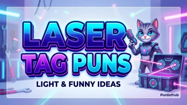 Featured image showing bold 3D typography that reads 'Laser Tag Puns' alongside a cheerful mascot character with a laser vest and blaster.