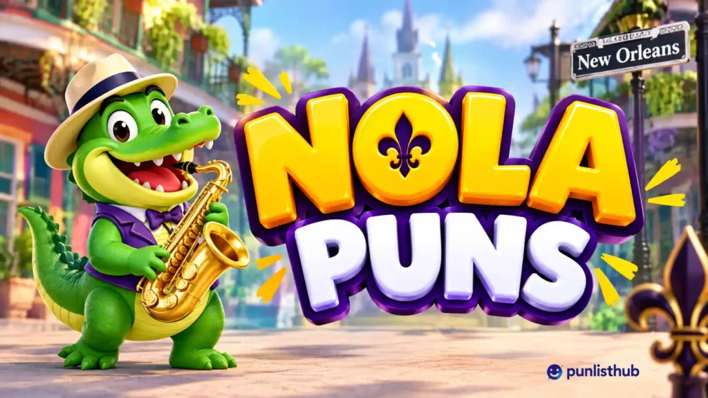 Nola puns featured image with bold 3D lettering, a playful alligator, and New Orleans jazz style.