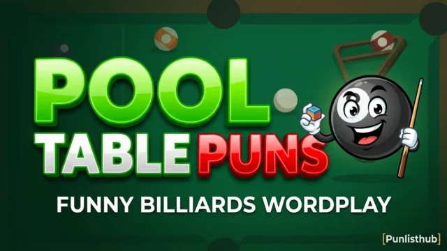 Featured image for Punlisthub showing bold 3D text reading "POOLED & CUE" with an 8-ball character for pool table puns.