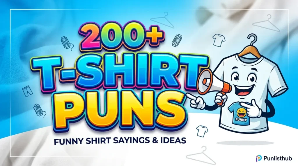 Featured image with bold 3D text reading 'T-Shirt Puns' alongside a smiling cartoon t-shirt mascot holding a megaphone.
