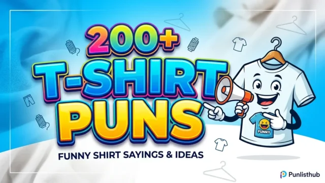 Featured image with bold 3D text reading 'T-Shirt Puns' alongside a smiling cartoon t-shirt mascot holding a megaphone.