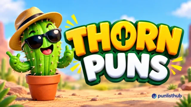 Thorn puns featured image with bold 3D lettering and a cheerful cactus mascot wearing sunglasses.