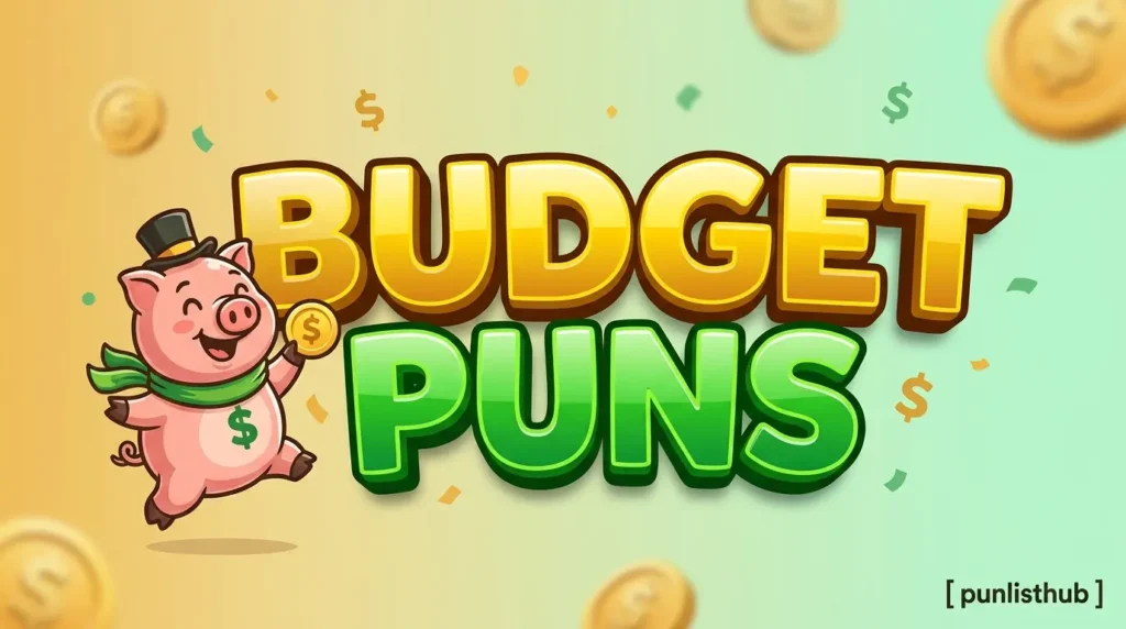 Featured image with large green 3D text reading "BUDGET PUNS" next to a cartoon piggy bank.