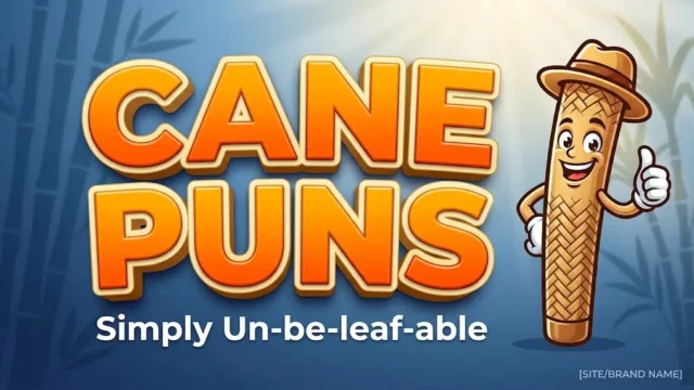 Featured image for Punlisthub showing bold 3D orange typography reading "CANE PUNS" with a friendly sugarcane mascot wearing a hat.