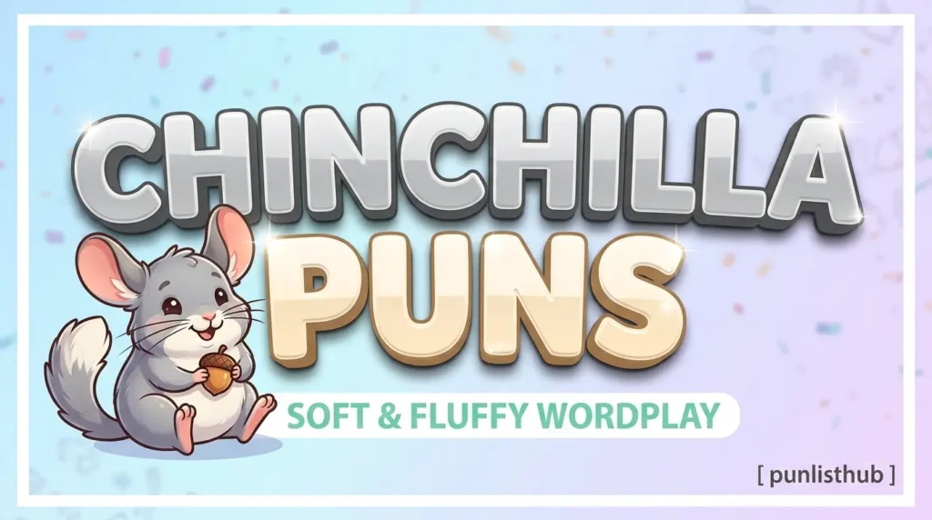 Featured image showing 'CHINCHILLA PUNS' in large 3D text with a fluffy chinchilla holding an acorn.