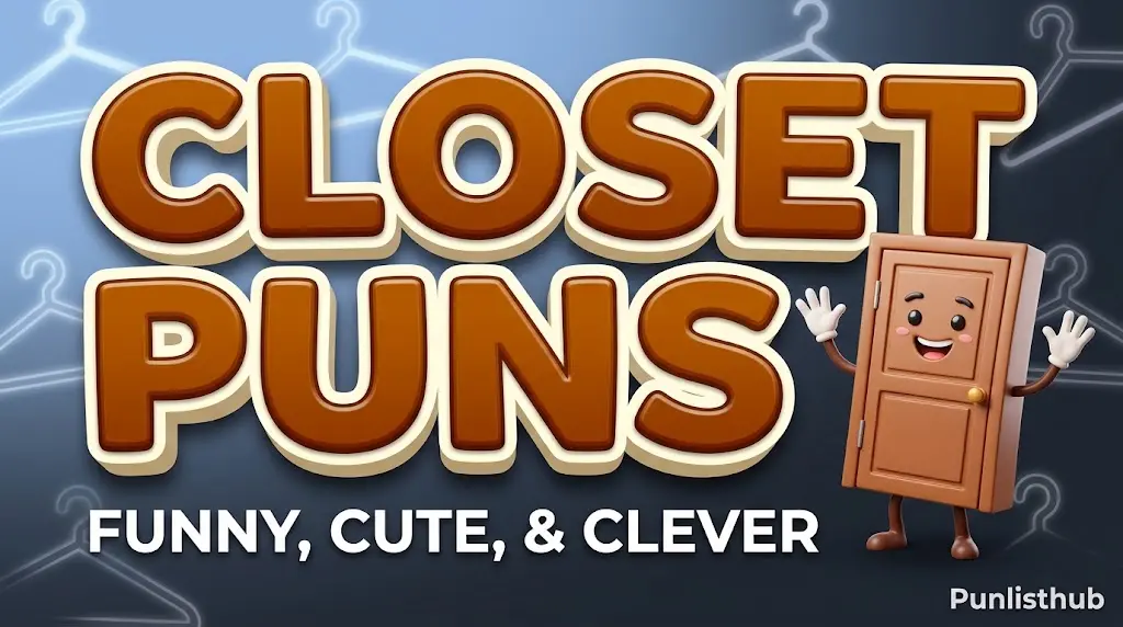 Featured image for Punlisthub featuring bold 3D text reading "CLOSET PUNS" and a cute animated wardrobe door mascot.