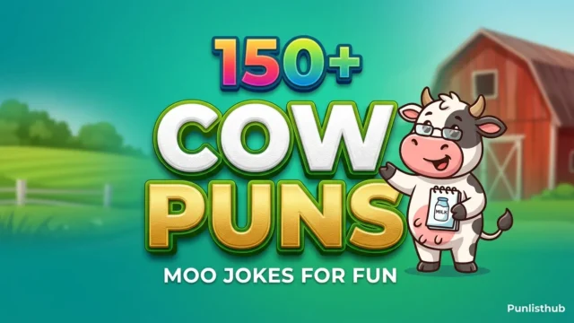 Featured image with large 3D text reading 'cow related puns' next to a smiling cartoon cow, highlighting funny cow puns and moo jokes.