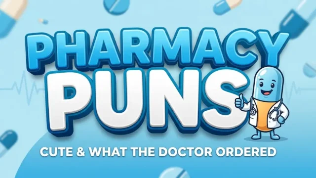 Featured image for Punlisthub with bold 3D blue text reading "cute pharmacy puns" and a cute capsule doctor mascot wearing a lab coat and stethoscope.