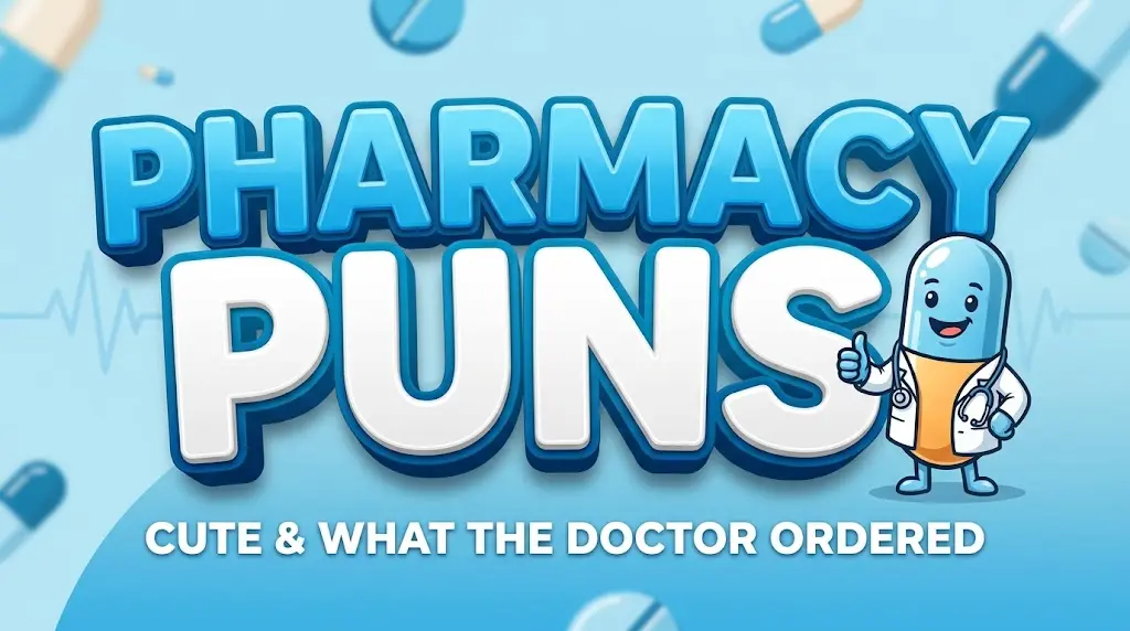 Featured image for Punlisthub with bold 3D blue text reading "cute pharmacy puns" and a cute capsule doctor mascot wearing a lab coat and stethoscope.