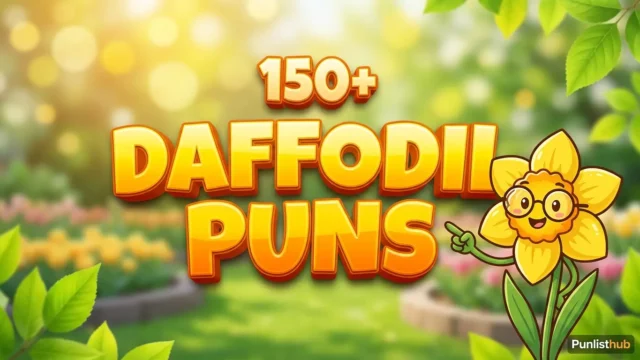 Featured image with bold 3D text reading 'daffodil puns' alongside a smiling cartoon daffodil flower mascot.