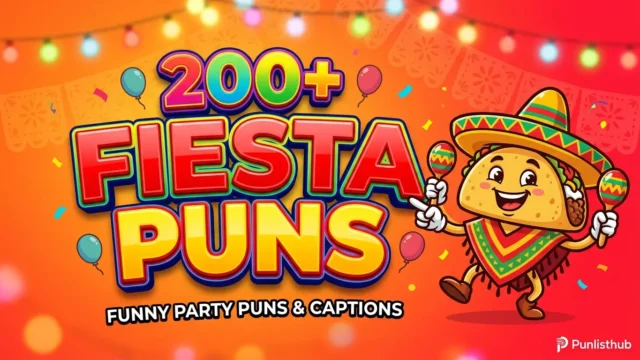 Featured cover image with bold 3D text reading 'fiesta puns' alongside a cheerful cartoon taco mascot wearing a sombrero.