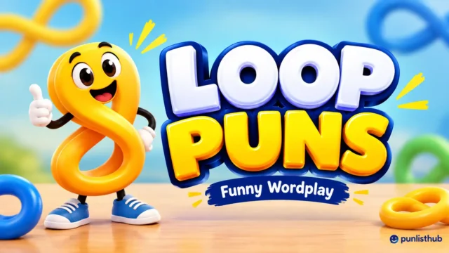 Loop puns featured image with bold 3D lettering and a cheerful golden loop mascot.