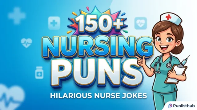 Featured image with bold 3D text reading '150+funny nursing puns' alongside a cheerful cartoon nurse holding a clipboard.