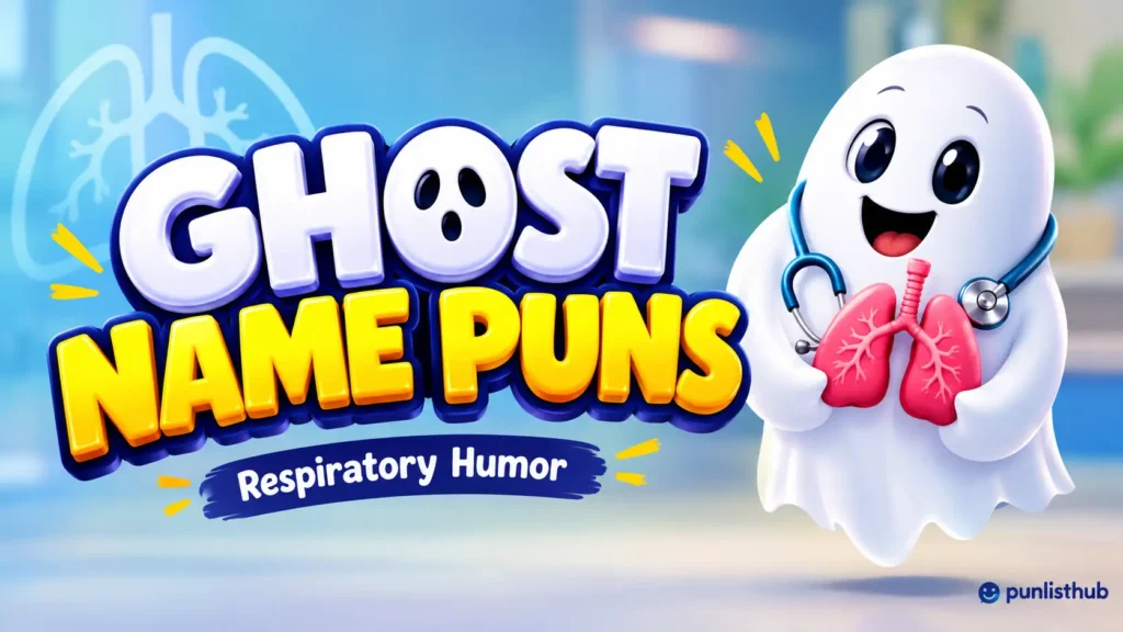 Ghost name puns featured image with bold 3D lettering and a cute cartoon ghost mascot.