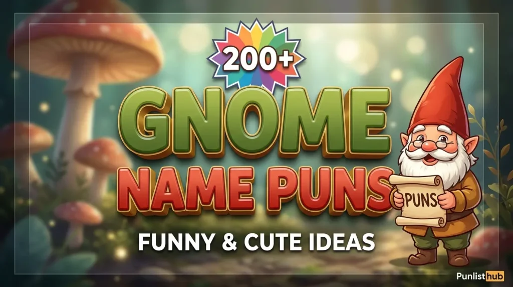 Featured image showing bold 3D text reading 'gnome name puns' alongside a cute garden gnome holding a scroll.