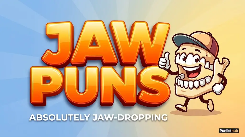 Featured image showing bold 3D orange text reading "JAW PUNS" with a cheerful animated jawbone mascot wearing a cap.