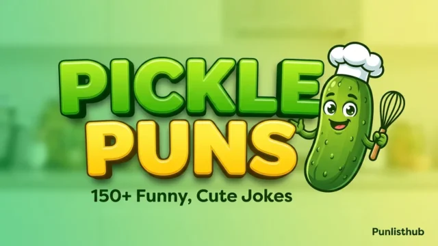 An eye-catching featured image for 'Pickle Puns' with large 3D typography and a smiling cartoon pickle mascot.