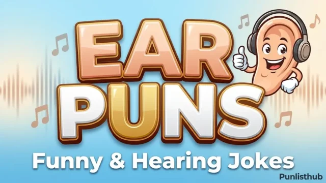 Featured image for Punlisthub with bold 3D text reading "puns about ears" next to a cute illustrated ear mascot wearing headphones.