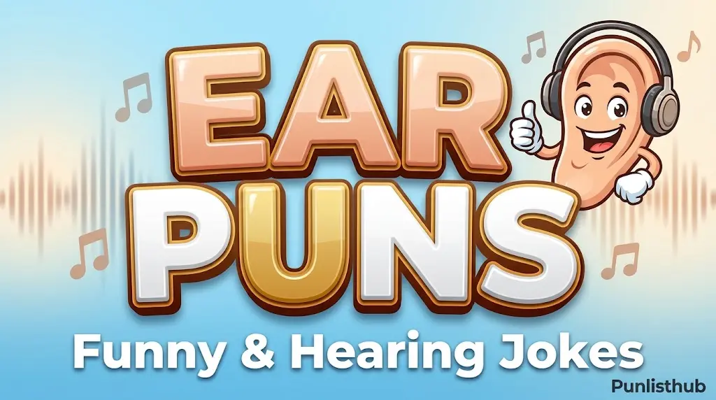 Featured image for Punlisthub with bold 3D text reading "puns about ears" next to a cute illustrated ear mascot wearing headphones.