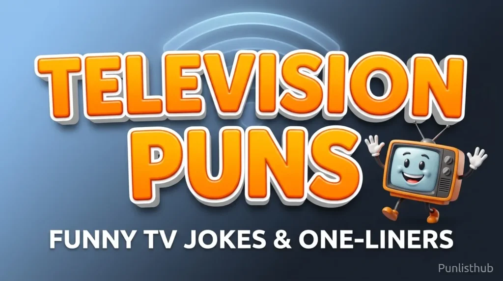 r Punlisthub showing bold 3D text reading "TELEVISION PUNS" with a cute TV mascot.