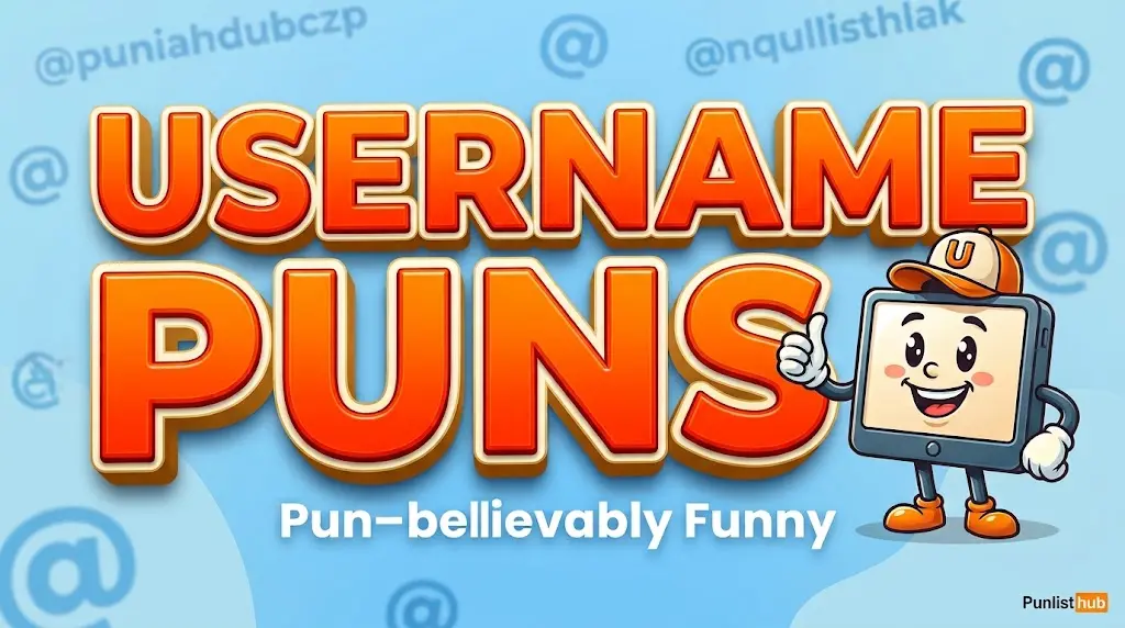 Featured image for Punlisthub with bold 3D orange text reading "USERNAME PUNS" and a cute tablet mascot wearing a cap next to digital @ symbols.
