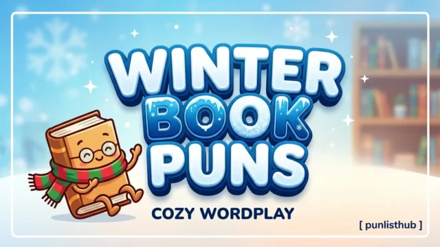 Featured image with large 3D text reading "WINTER BOOK PUNS" next to a cozy cartoon book mascot in a scarf.