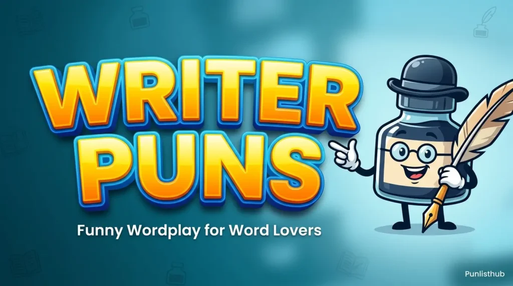 ALTERNATIVE TEXT: Bold 3D typography reads 'writer puns' with a cute ink bottle character holding a quill pen.